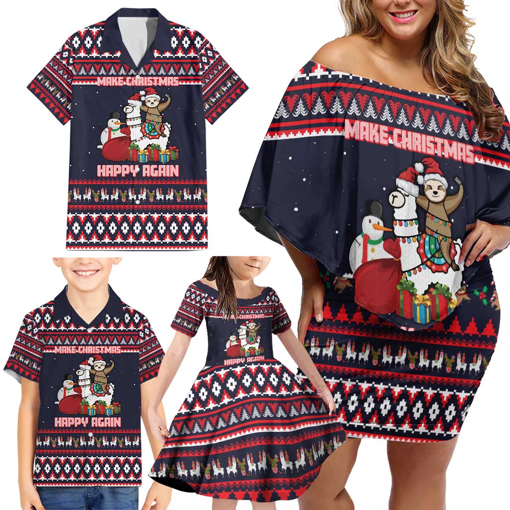 Llama and Snowman Family Matching Off Shoulder Short Dress and Hawaiian Shirt with Gifts and Nordic Pattern - Wonder Print Shop