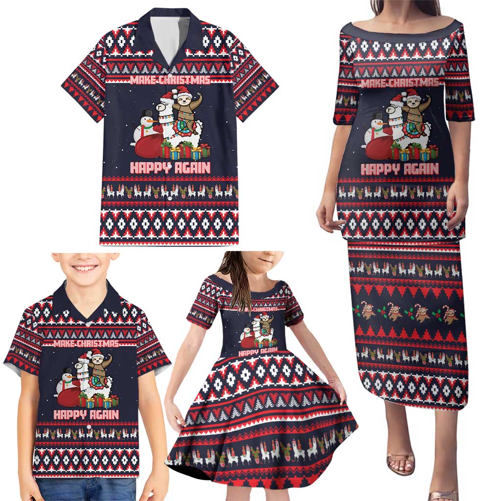 Llama and Snowman Family Matching Puletasi and Hawaiian Shirt with Gifts and Nordic Pattern - Wonder Print Shop