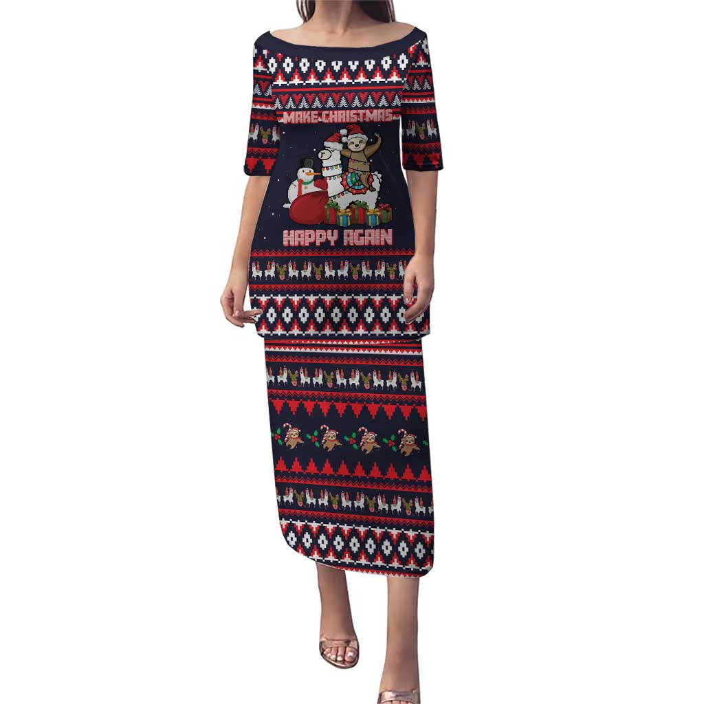 Llama and Snowman Family Matching Puletasi and Hawaiian Shirt with Gifts and Nordic Pattern - Wonder Print Shop
