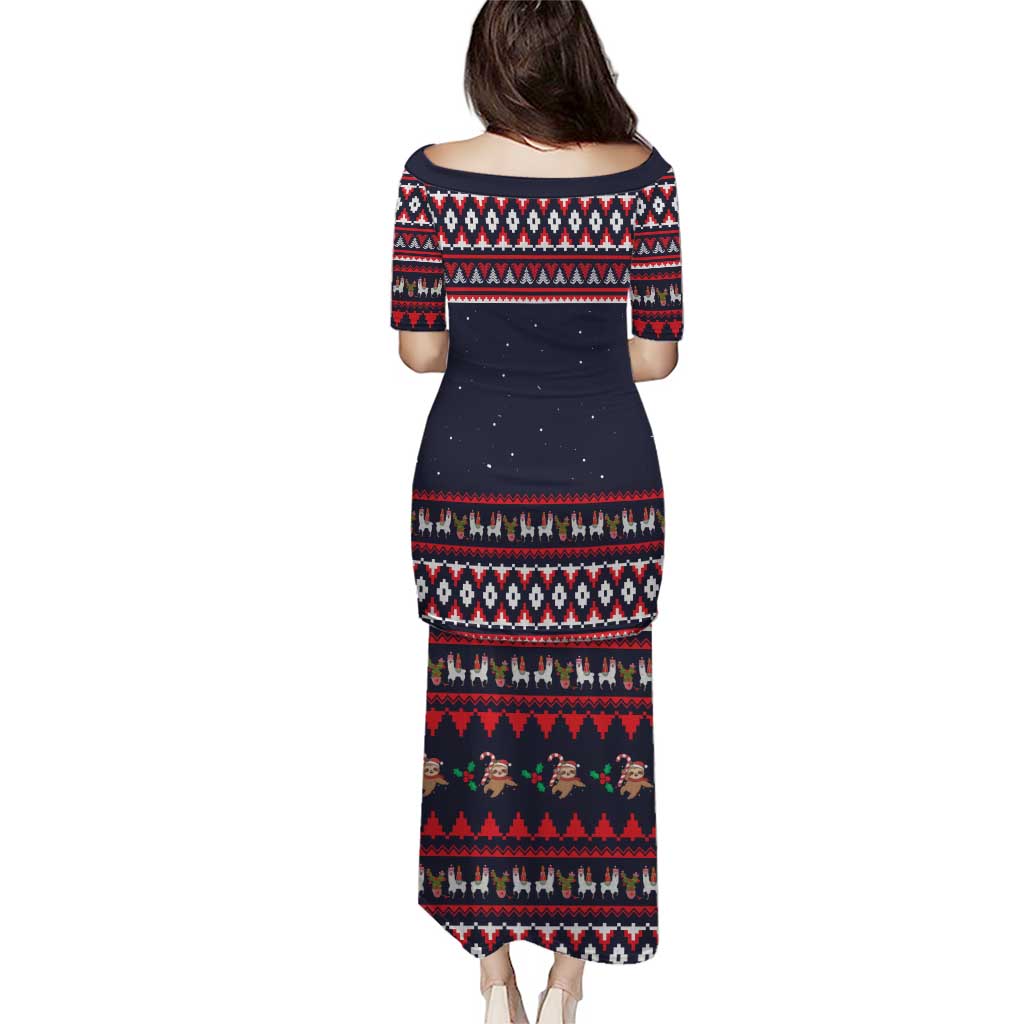 Llama and Snowman Family Matching Puletasi and Hawaiian Shirt with Gifts and Nordic Pattern - Wonder Print Shop