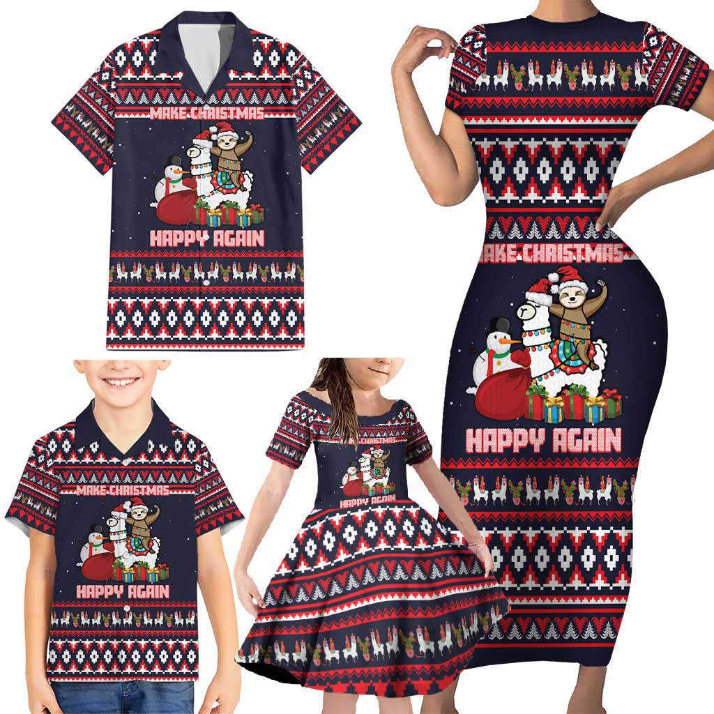 Llama and Snowman Family Matching Short Sleeve Bodycon Dress and Hawaiian Shirt with Gifts and Nordic Pattern - Wonder Print Shop