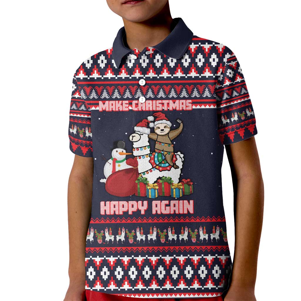 Llama and Snowman Kid Polo Shirt with Gifts and Nordic Pattern - Wonder Print Shop
