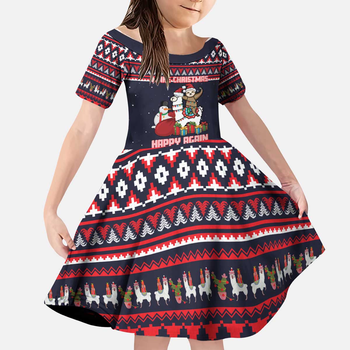 Llama and Snowman Kid Short Sleeve Dress with Gifts and Nordic Pattern - Wonder Print Shop