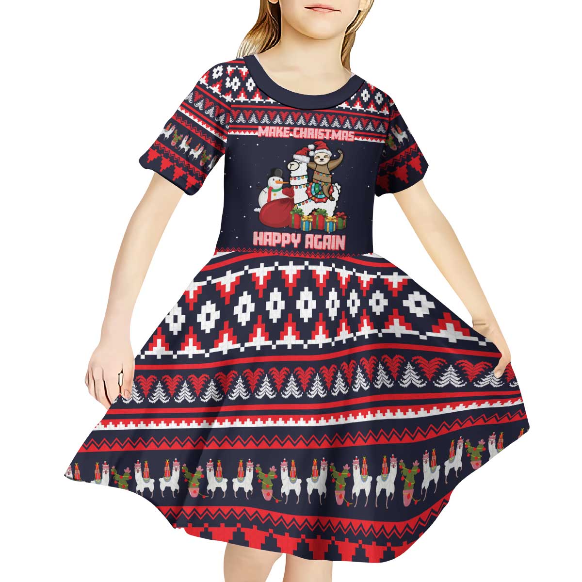 Llama and Snowman Kid Short Sleeve Dress with Gifts and Nordic Pattern - Wonder Print Shop