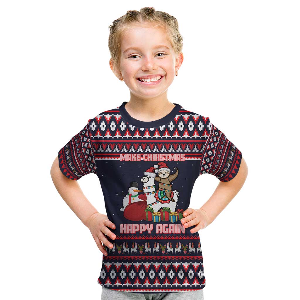 Llama and Snowman Kid T Shirt with Gifts and Nordic Pattern - Wonder Print Shop