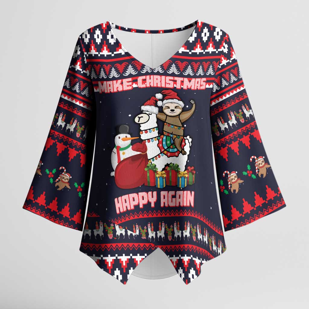 Llama and Snowman Kimono Sleeve Blouse with Gifts and Nordic Pattern - Wonder Print Shop