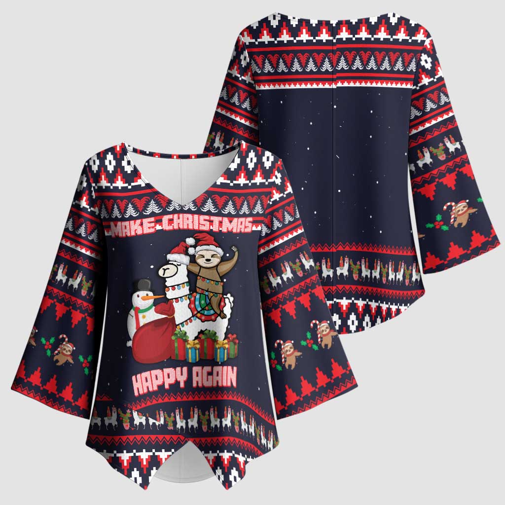 Llama and Snowman Kimono Sleeve Blouse with Gifts and Nordic Pattern - Wonder Print Shop