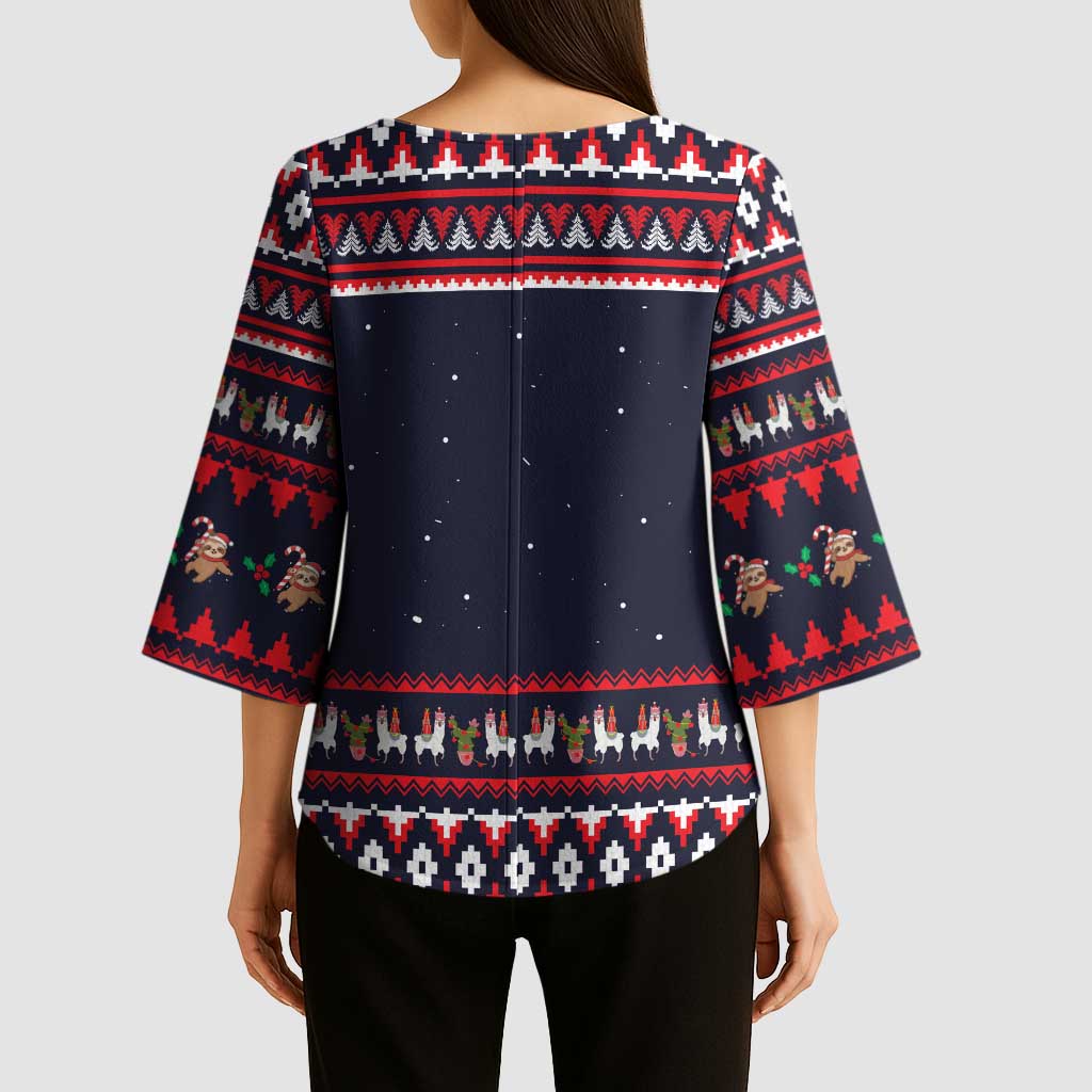 Llama and Snowman Kimono Sleeve Blouse with Gifts and Nordic Pattern - Wonder Print Shop