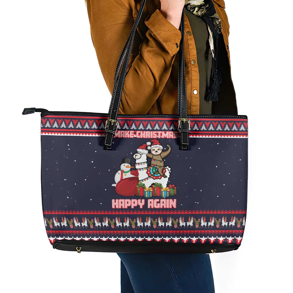 Llama and Snowman Leather Tote Bag with Gifts and Nordic Pattern - Wonder Print Shop
