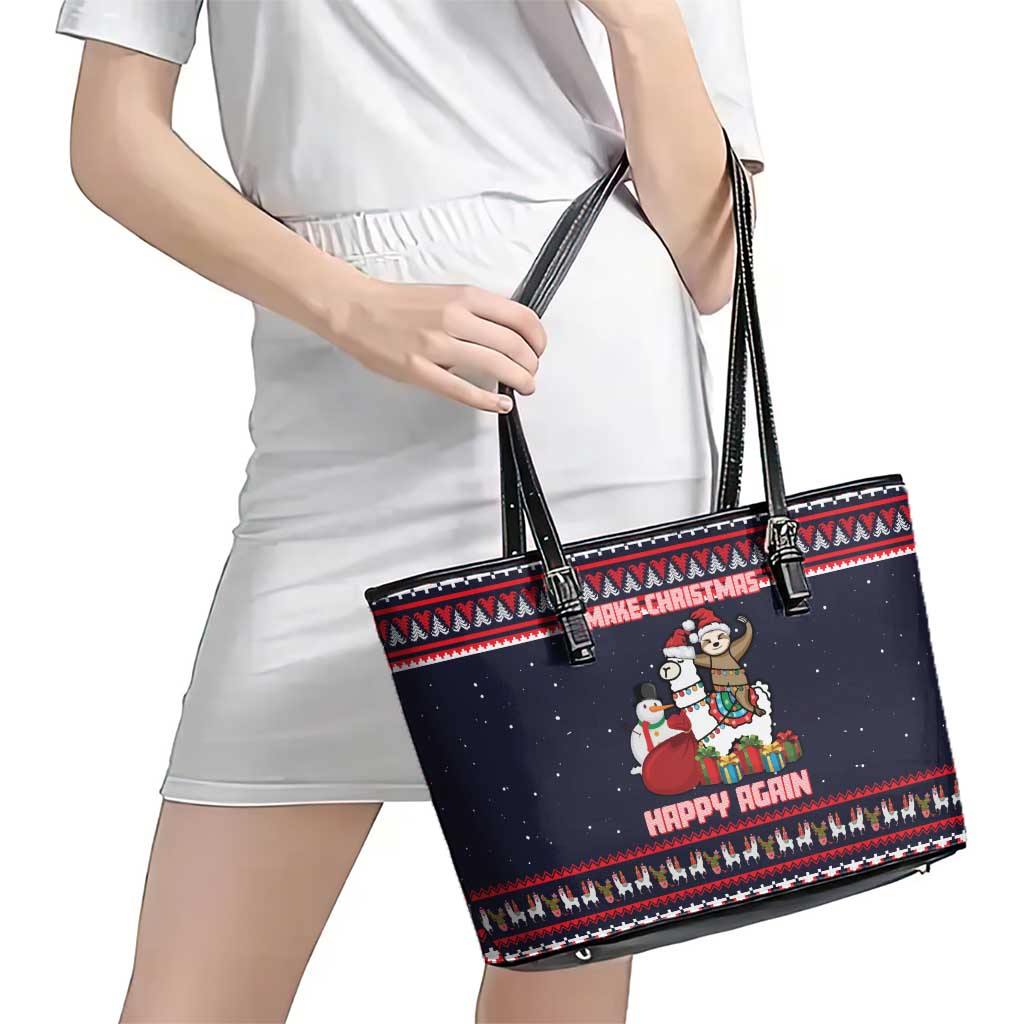 Llama and Snowman Leather Tote Bag with Gifts and Nordic Pattern - Wonder Print Shop