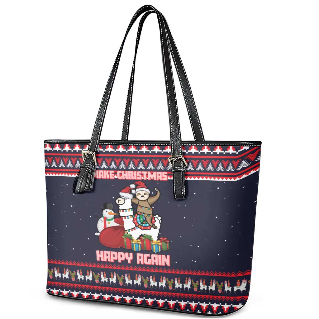 Llama and Snowman Leather Tote Bag with Gifts and Nordic Pattern - Wonder Print Shop
