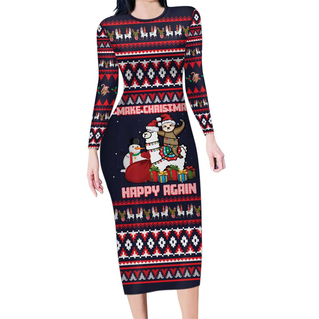 Llama and Snowman Long Sleeve Bodycon Dress with Gifts and Nordic Pattern - Wonder Print Shop