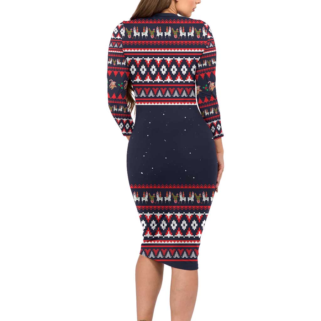 Llama and Snowman Long Sleeve Bodycon Dress with Gifts and Nordic Pattern - Wonder Print Shop