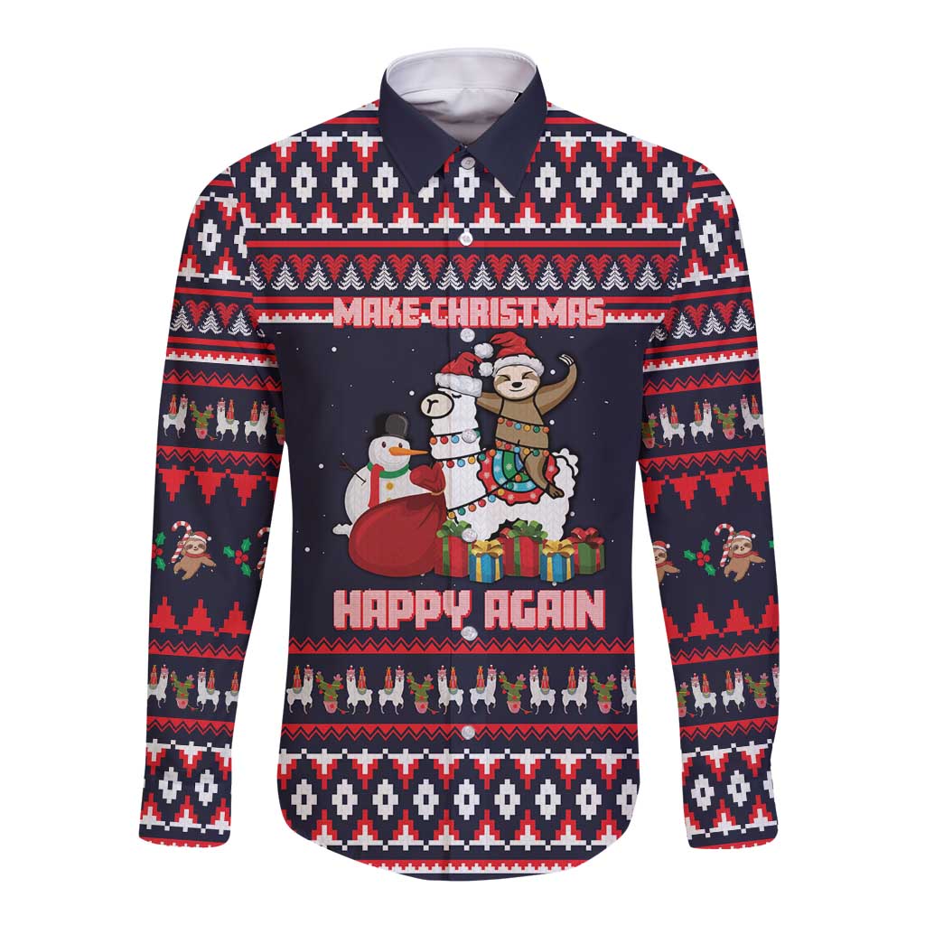 Llama and Snowman Long Sleeve Button Shirt with Gifts and Nordic Pattern - Wonder Print Shop