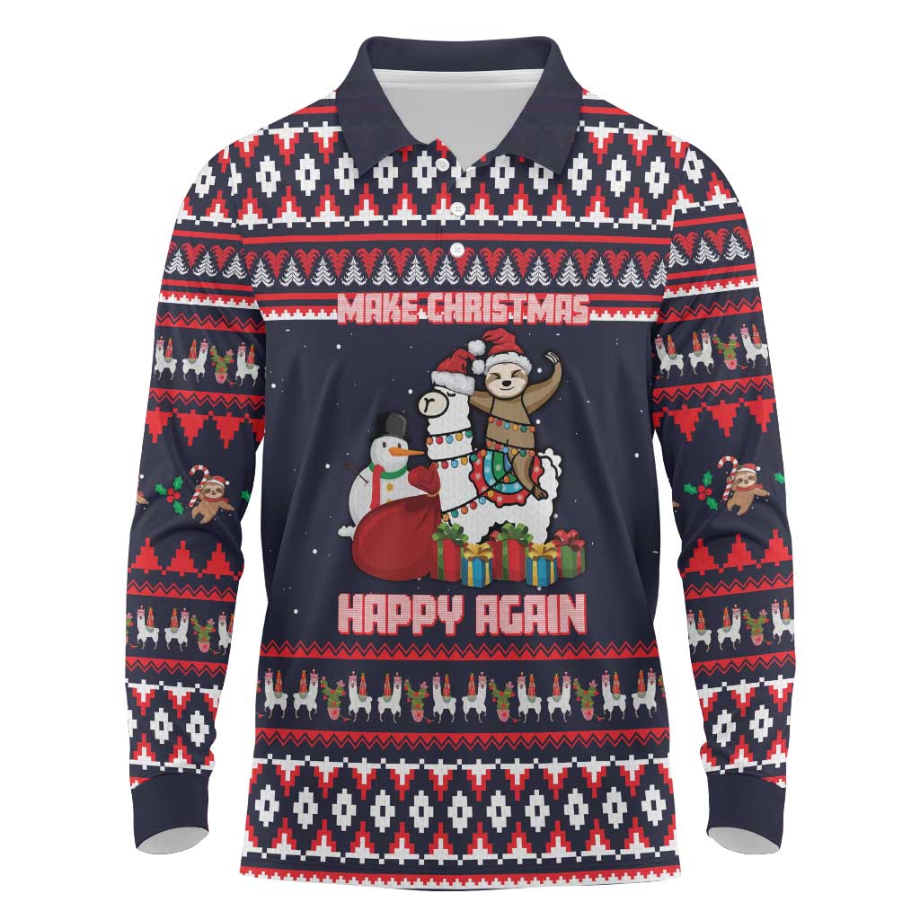 Llama and Snowman Long Sleeve Polo Shirt with Gifts and Nordic Pattern - Wonder Print Shop