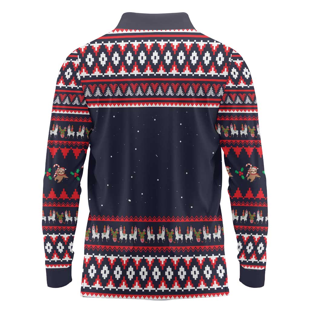 Llama and Snowman Long Sleeve Polo Shirt with Gifts and Nordic Pattern - Wonder Print Shop