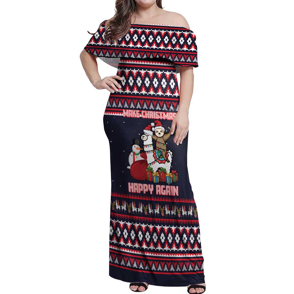 Llama and Snowman Off Shoulder Maxi Dress with Gifts and Nordic Pattern - Wonder Print Shop