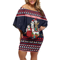 Llama and Snowman Off Shoulder Short Dress with Gifts and Nordic Pattern - Wonder Print Shop