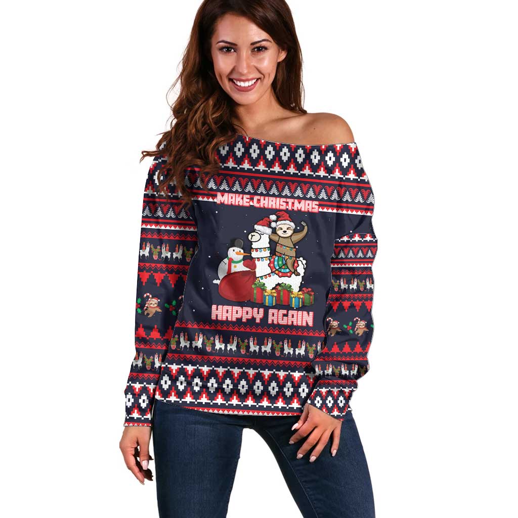 Llama and Snowman Off Shoulder Sweater with Gifts and Nordic Pattern - Wonder Print Shop
