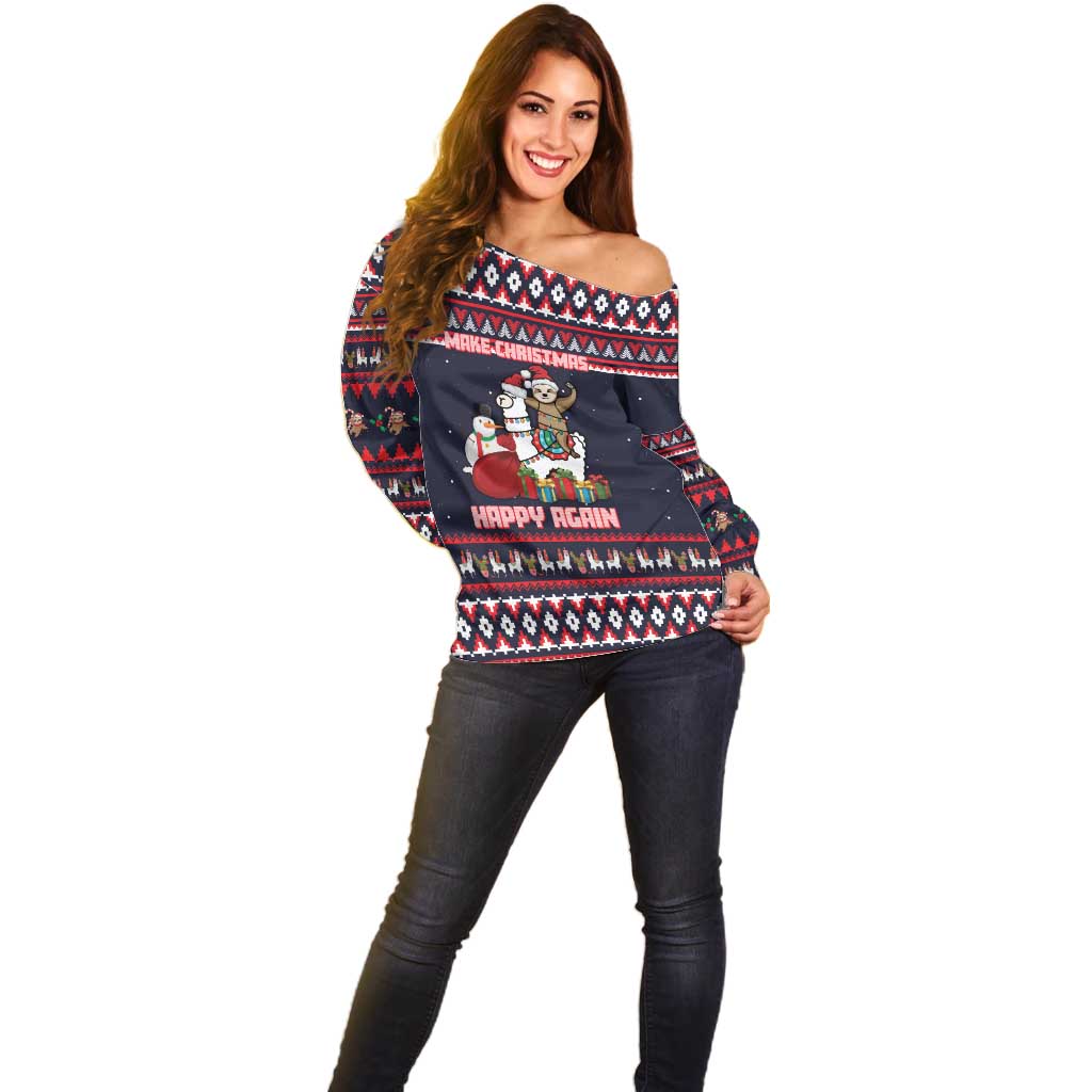 Llama and Snowman Off Shoulder Sweater with Gifts and Nordic Pattern - Wonder Print Shop