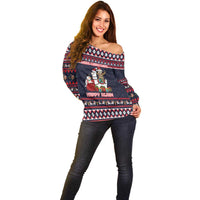 Llama and Snowman Off Shoulder Sweater with Gifts and Nordic Pattern - Wonder Print Shop