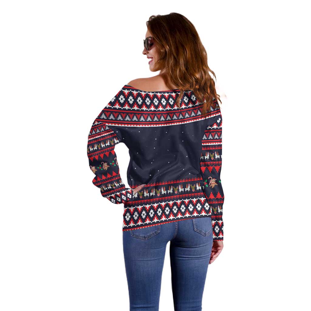Llama and Snowman Off Shoulder Sweater with Gifts and Nordic Pattern - Wonder Print Shop