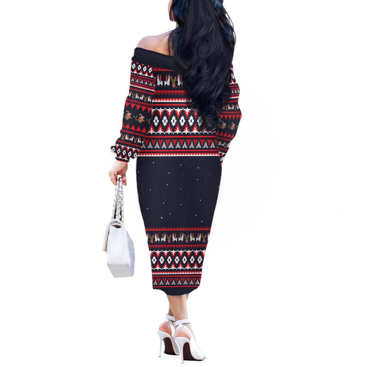 Llama and Snowman Off The Shoulder Long Sleeve Dress with Gifts and Nordic Pattern - Wonder Print Shop