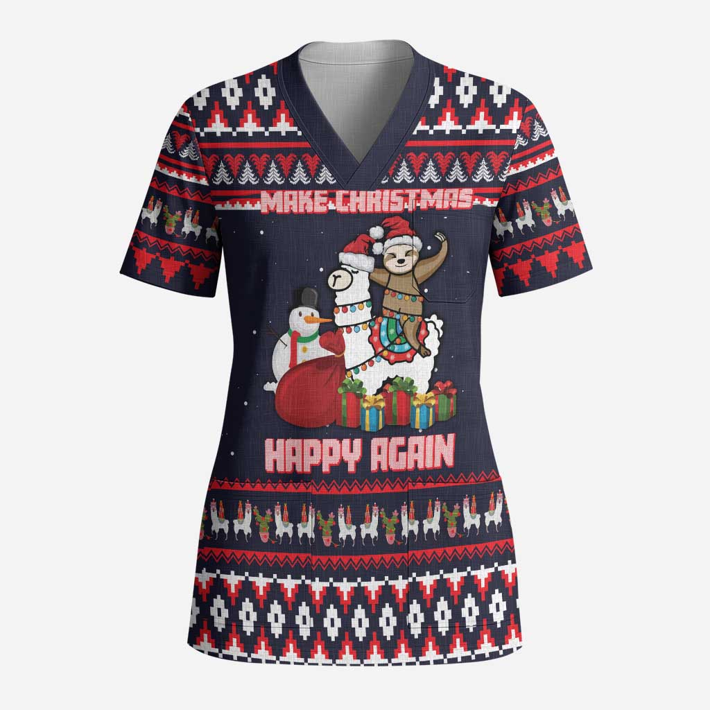 Llama and Snowman Scrub Top with Gifts and Nordic Pattern - Wonder Print Shop