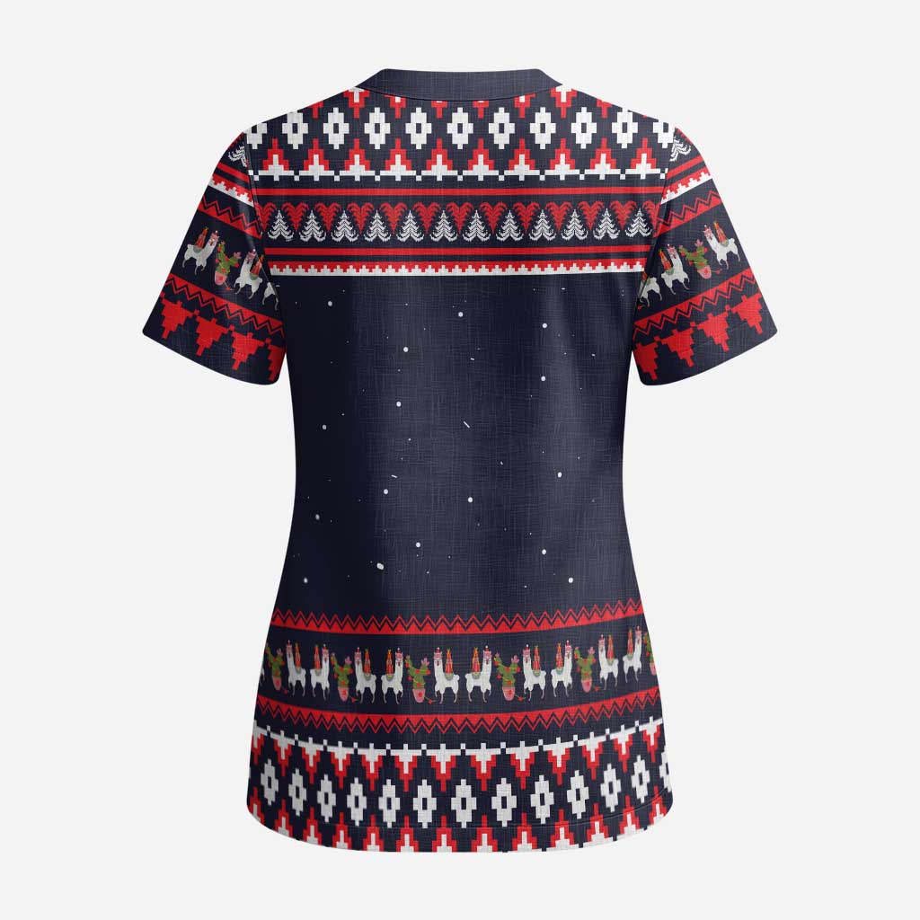 Llama and Snowman Scrub Top with Gifts and Nordic Pattern - Wonder Print Shop