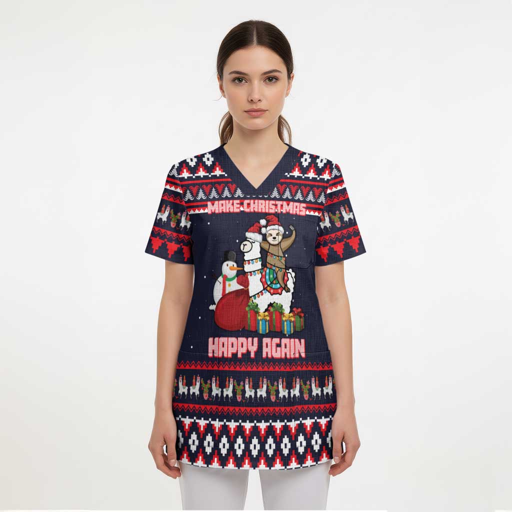 Llama and Snowman Scrub Top with Gifts and Nordic Pattern - Wonder Print Shop