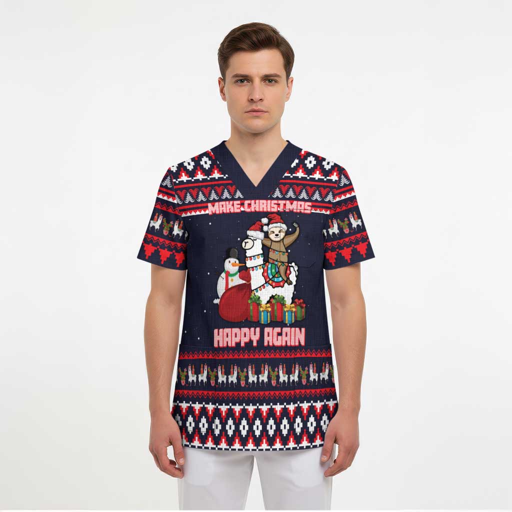 Llama and Snowman Scrub Top with Gifts and Nordic Pattern - Wonder Print Shop
