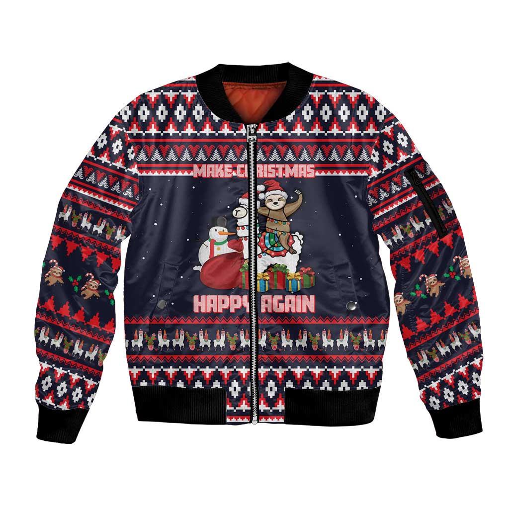 Llama and Snowman Sleeve Zip Bomber Jacket with Gifts and Nordic Pattern - Wonder Print Shop