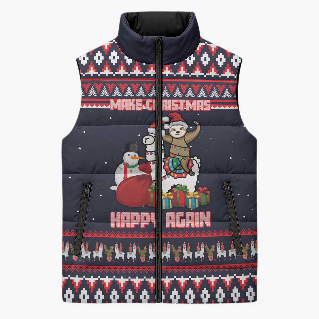 Llama and Snowman Sleeveless Puffer Jacket with Gifts and Nordic Pattern - Wonder Print Shop