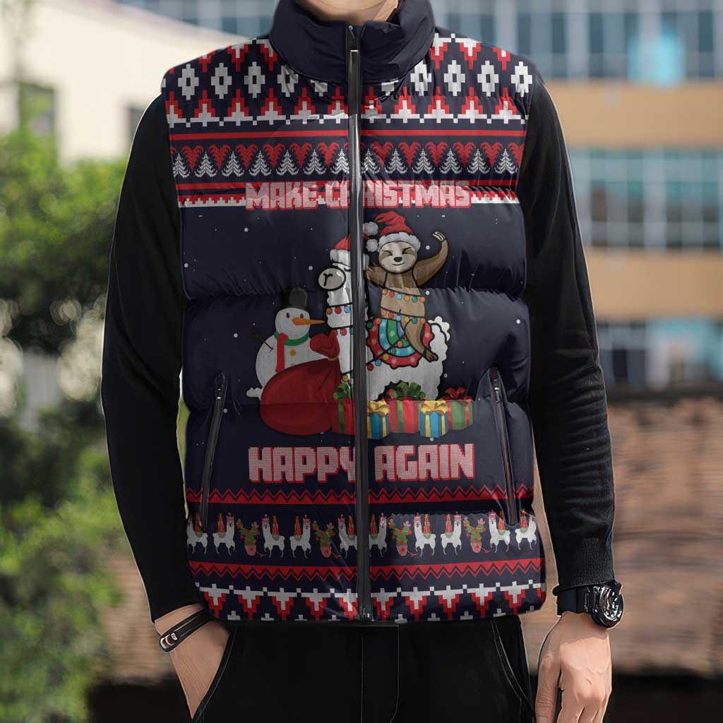 Llama and Snowman Sleeveless Puffer Jacket with Gifts and Nordic Pattern - Wonder Print Shop