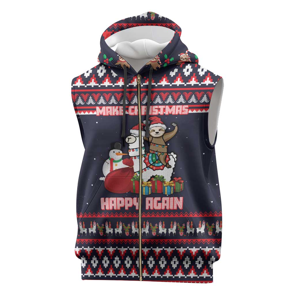 Llama and Snowman Sleeveless Zip Hoodie with Gifts and Nordic Pattern - Wonder Print Shop