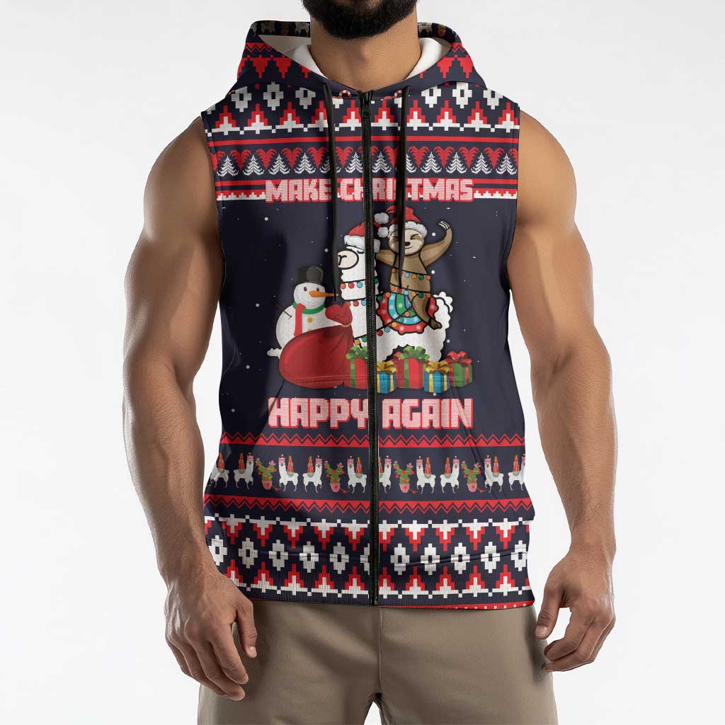 Llama and Snowman Sleeveless Zip Hoodie with Gifts and Nordic Pattern - Wonder Print Shop