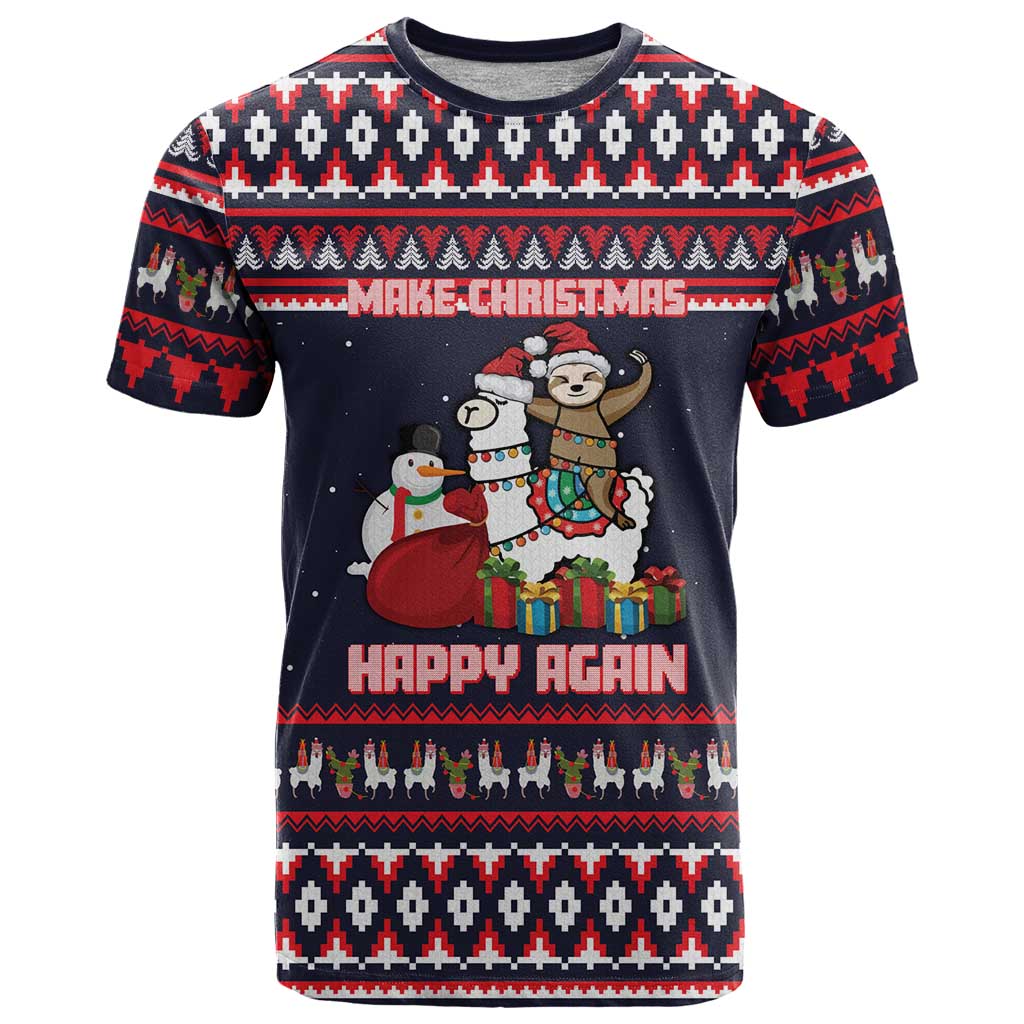 Llama and Snowman T Shirt with Gifts and Nordic Pattern - Wonder Print Shop