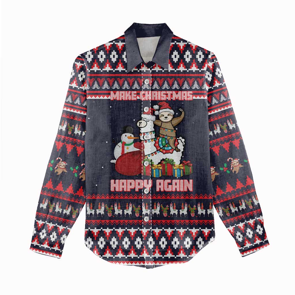 Llama and Snowman Women Casual Shirt with Gifts and Nordic Pattern - Wonder Print Shop