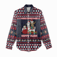 Llama and Snowman Women Casual Shirt with Gifts and Nordic Pattern - Wonder Print Shop