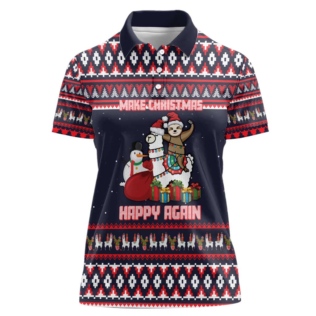 Llama and Snowman Women Polo Shirt with Gifts and Nordic Pattern - Wonder Print Shop