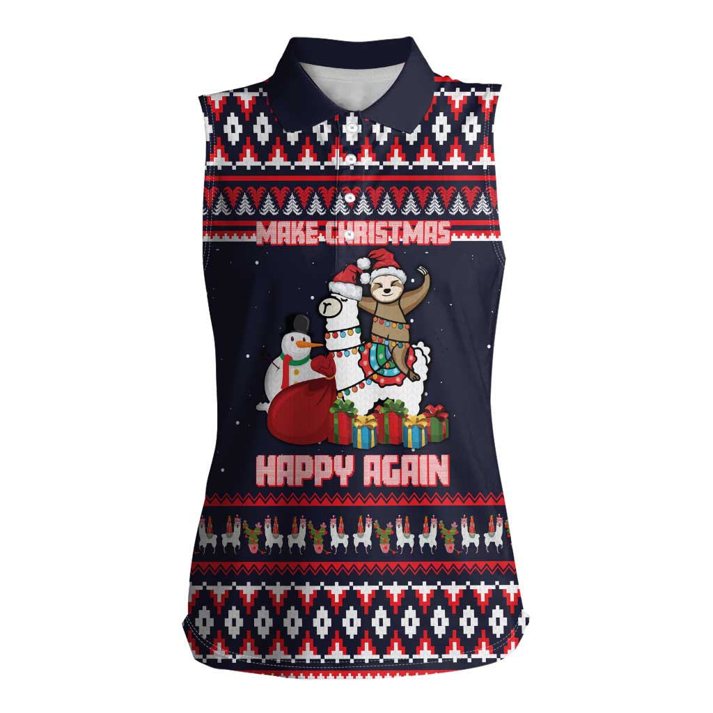 Llama and Snowman Women Sleeveless Polo Shirt with Gifts and Nordic Pattern - Wonder Print Shop