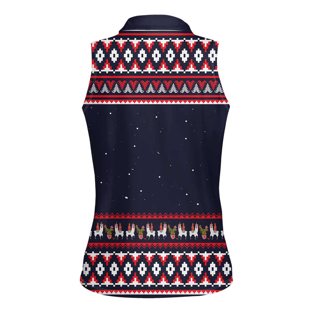 Llama and Snowman Women Sleeveless Polo Shirt with Gifts and Nordic Pattern - Wonder Print Shop