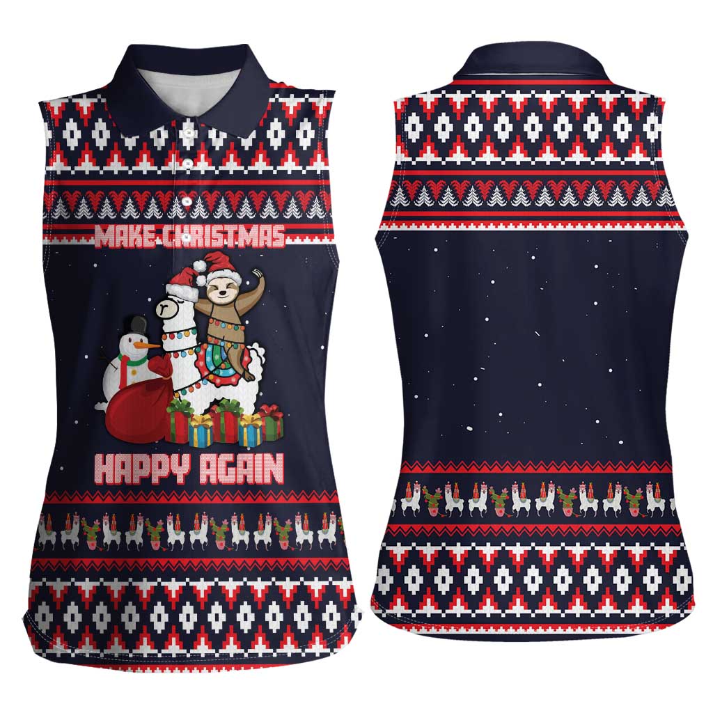 Llama and Snowman Women Sleeveless Polo Shirt with Gifts and Nordic Pattern - Wonder Print Shop