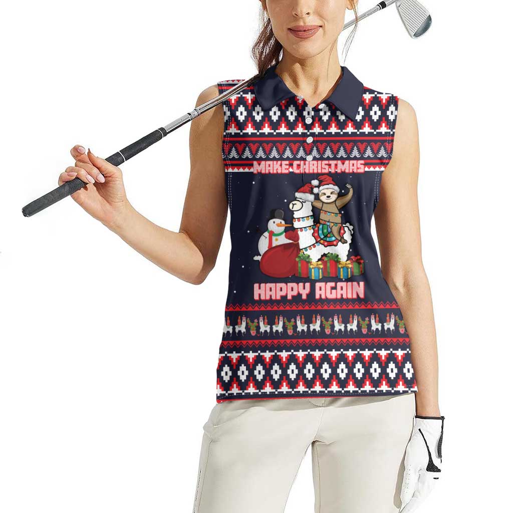 Llama and Snowman Women Sleeveless Polo Shirt with Gifts and Nordic Pattern - Wonder Print Shop