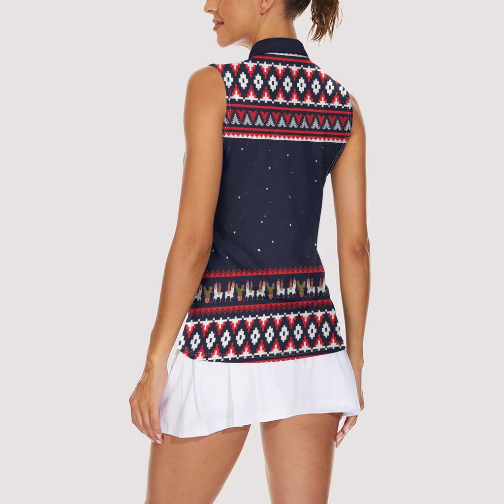 Llama and Snowman Women Sleeveless Polo Shirt with Gifts and Nordic Pattern - Wonder Print Shop