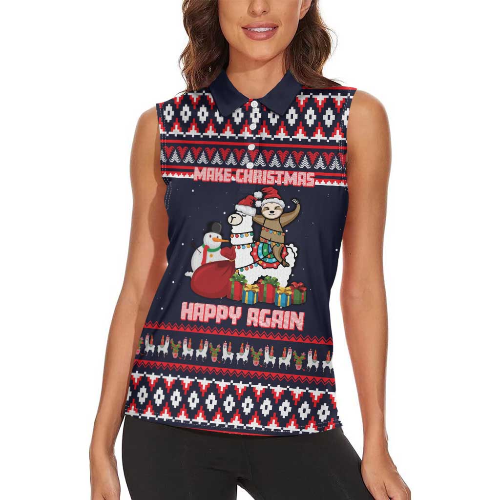 Llama and Snowman Women Sleeveless Polo Shirt with Gifts and Nordic Pattern - Wonder Print Shop
