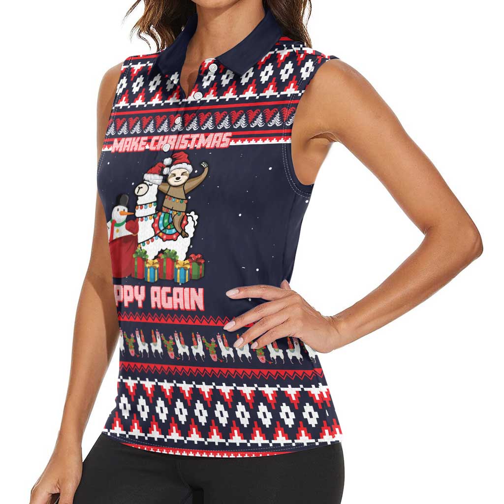 Llama and Snowman Women Sleeveless Polo Shirt with Gifts and Nordic Pattern - Wonder Print Shop