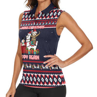 Llama and Snowman Women Sleeveless Polo Shirt with Gifts and Nordic Pattern - Wonder Print Shop