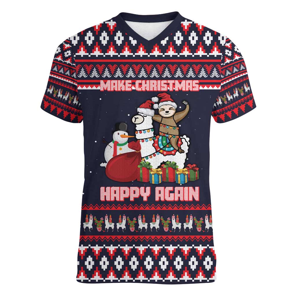 Llama and Snowman Women V-Neck T-Shirt with Gifts and Nordic Pattern - Wonder Print Shop