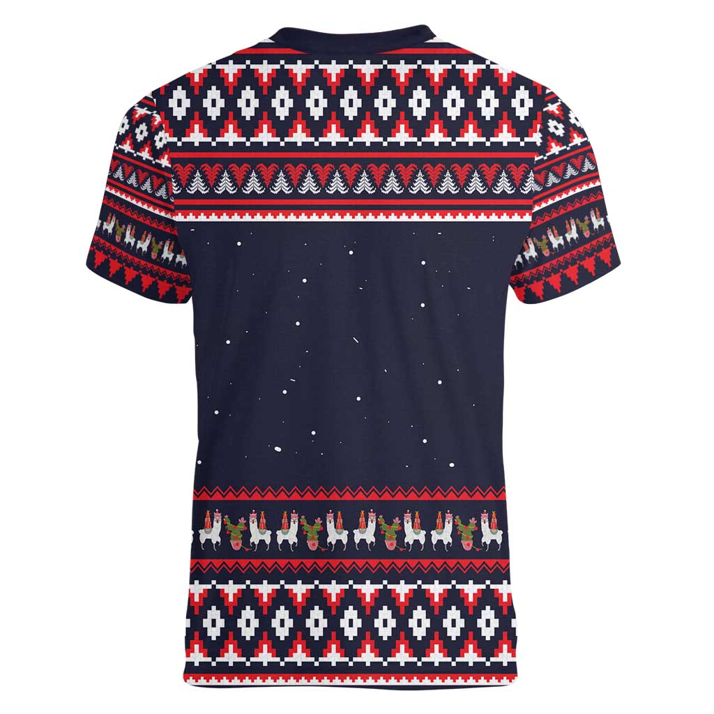 Llama and Snowman Women V-Neck T-Shirt with Gifts and Nordic Pattern - Wonder Print Shop